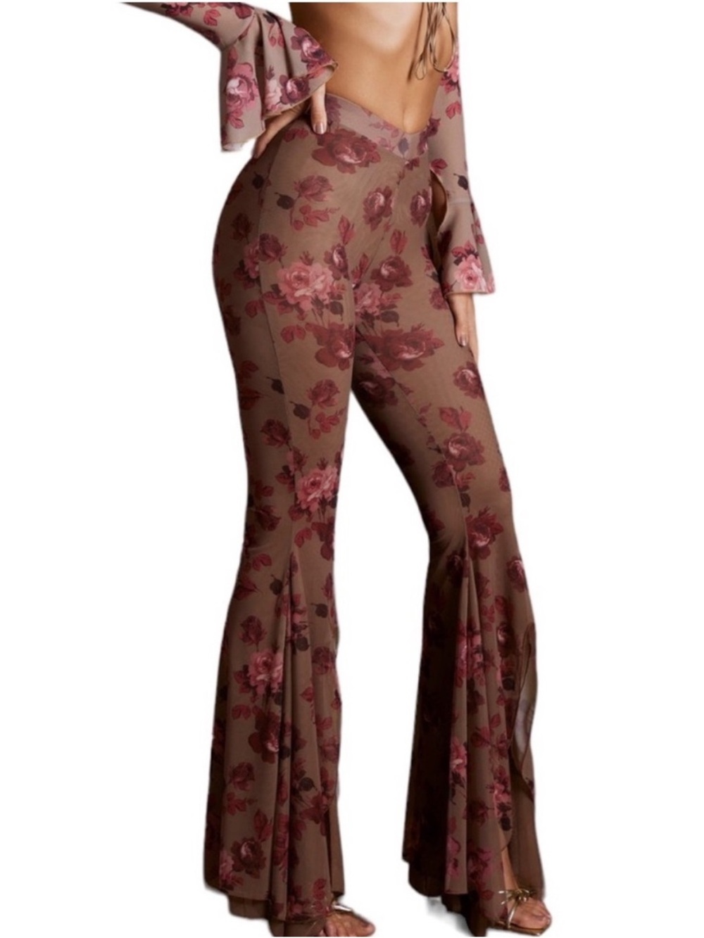 Floral Overlay Pants in Rose Pink and Taupe - Picture 7 of 11